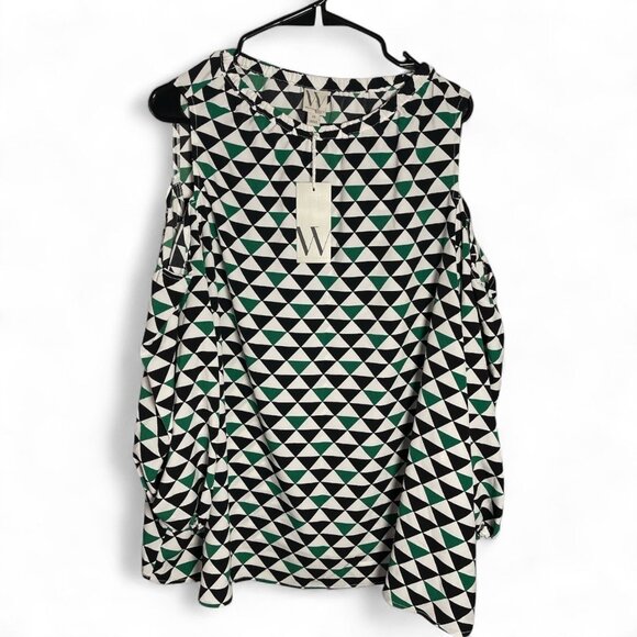 Worthington Geo Print Cold-Shoulder Blouse – Black/White/Green – 2X – NWT - Picture 1 of 3